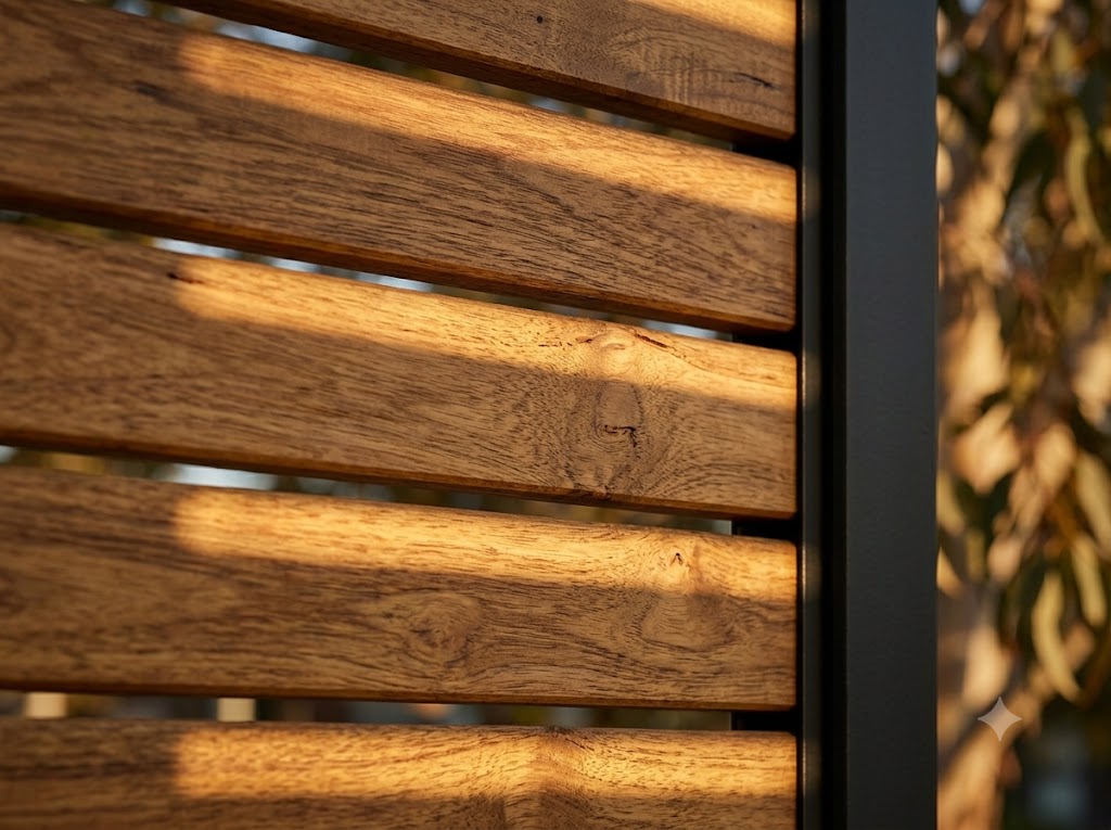 Spotted gum timber slats casting raking light