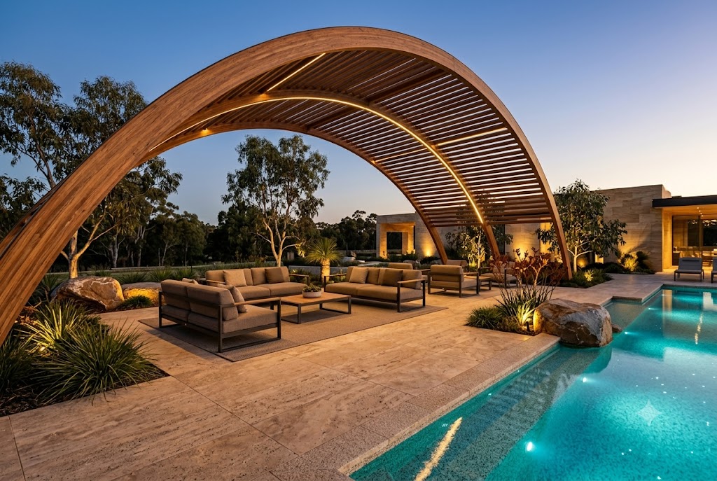 Arched poolside pergola